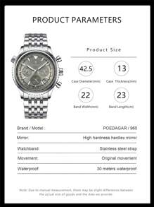 POEDAGAR 1件男士时尚石英表，不锈钢多功能日期计时防水夜光指针腕表，适合商务场合