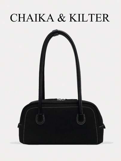 CHAIKA & KILTER 1 件纯色麂皮面料女士复古时尚哑光保龄球单肩包，撞色缝线双手柄拉链开合，适合日常和户外使用，最新时尚女士秋季服装麂皮包