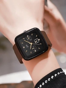 Reloj de cuarzo cuadrado con funciones completas, correa de silicona de estilo deportivo para mujeres, niñas y niños - Blanco - Ver 7