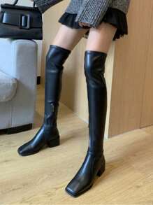 qishangda Women's Over The Knee High Heel Boots, Elastic Thigh High Boots, New Leather Upper Chunky Heel Slim Leg Tall Boots For Autumn Winter,Sexy