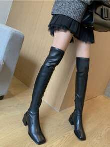 qishangda Women's Over The Knee High Heel Boots, Elastic Thigh High Boots, New Leather Upper Chunky Heel Slim Leg Tall Boots For Autumn Winter,Sexy