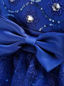 女童蝴蝶结薄纱亮片公主花童婚纱（裙衬有定位孔，属正常工艺；请参考商品详情中的尺码表选择尺码） - 藍色 - 查看 7