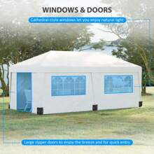 10' X 19.5' Pop-Up Tent With Side Walls, Adjustable Height Large Party Tent Activity Shelter, Equipped With Leg Weight Bag, Double Door And Wheeled Carrying Bag, Suitable For Garden, Terrace, White - White - View 2