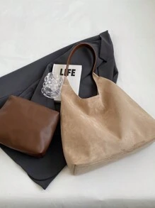 Set de 2 bolsos tote con monedero, bolso de hombro de gran capacidad informal, bolso de mano bicolor para mujer, versátil para el uso diario - Beis - Ver 7