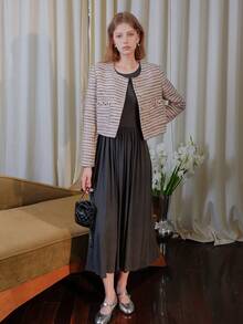 Women Round Neck Single-Breasted Long Sleeve Coat, Autumn/Winter - Pink - View 7