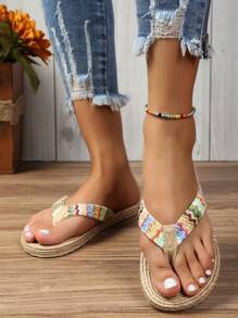 Sandali infradito flat da donna in paglia PP e lino, antiscivolo, con punta arrotondata morbida