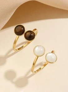 2pcs Stainless Steel Vintage Style Pink & Green Cat Eye Gemstone Open Ring Set, Suitable For Women's Daily Wear Or Gift - Yellow Gold - View 20
