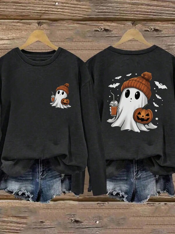 Tween Girl Cartoon Pumpkin & Ghost Print Crew Neck Long Sleeve T-Shirt, Warm & Comfortable Base Layer Top For Autumn/Winter