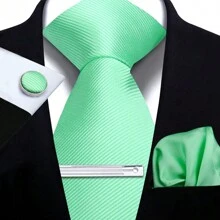 Set de corbata, pañuelo de bolsillo, gemelos y corbatín para hombre, corbatas de poliéster de rayas sólidas para todas las estaciones, fiestas y celebraciones, casual