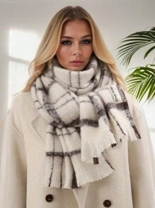 1pc Thick Black And White Striped Scarf For Women, European And American Style Faux Cashmere Plaid Warm Plaid Tassel Shawl Blanket  Winter Fall - White - View 5