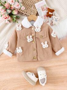 Cute Plush 3D Rabbit Baby Girl Long Sleeve Jacket, Autumn & Winter - Khaki - View 1