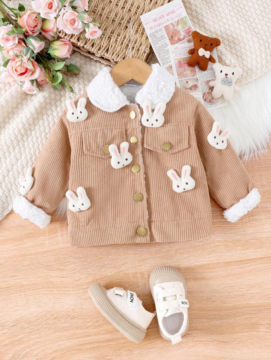 Cute Plush 3D Rabbit Baby Girl Long Sleeve Jacket, Autumn & Winter - Khaki - View 1