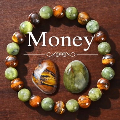 3pcs Natural Stone Bead Bracelet, 8mm, Tiger Eye/Jade, Wealth Bracelet, Brings Good Luck, Wealth And Prosperity, Chakra Stone, Natural Gemstone, Unisex, Elastic Bracelet (Wealth Bracelet)