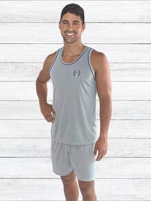 2 Piece Adult Pajama Kit Closed Men's Plus Size Tank Top - 酒紅色 - 查看 3
