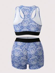 [Plant Series]Women's Letter Print Sports Bra And Pantines Set Lingerie - Blue - View 2