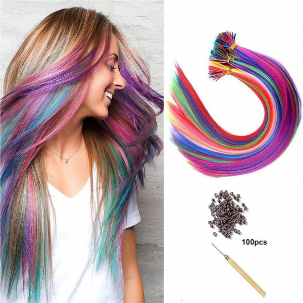100 strengen/20 strengen 20inch Party Colors Hair Extensions Kit I-Tip Fusion Lange rechte haarstukken Synthetische hittebestendige highlight veer micro ring haaraccessoires, inclusief 50 microkralen met haakgereedschap