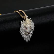 1PC Iced Out LION Necklace With 61cm/24inch Rope Chain 3A+ Stone Paved Bling Pendants Necklace For Men Rapper Hip Hop Jewelry - Golden - View 2