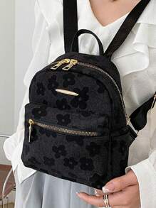 Mochila de lona con estampado floral diminuto, elegante y versátil para mujeres jóvenes, uso casual y de viaje