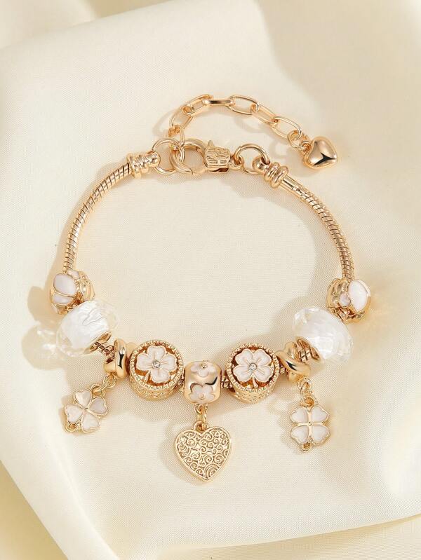 1 Stück minimalistisches Modeschmuckarmband mit Strass, Kleeblatt, rosa Blume und Biene, geeignet für den täglichen Gebrauch