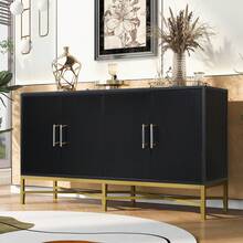 Four-Door Sideboard With Metal And Cross-Leg Design, Modern Storage Cabinet For Living Room, Entryway, And Study - 黑色 - 查看 2