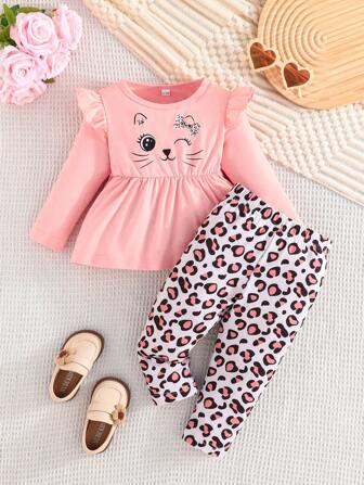 2st/set Nyfödd flicka Långärmad Rufsig axel Kitty Print Skjorta Och Casual Grafiskt Print Byxor Utomhus Fritidsoutfit, 6-36 månader