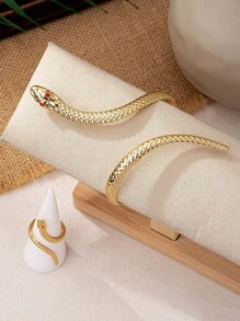 2pcs Fashionable Geometric Snake Wrap Open Bangle And Ring Set For Women, Party Accessories Gift