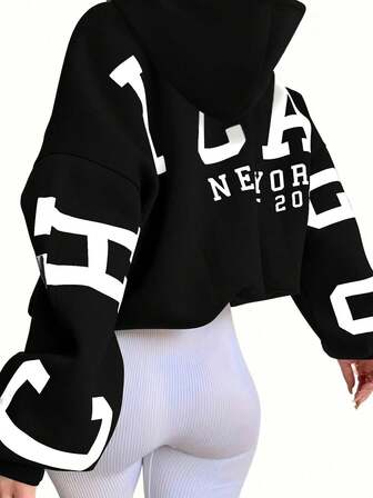 Casual Street Style Letter Printed Long Sleeve Drop Shoulder Hoodie,Sweatshirt