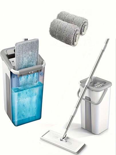 1 Set, Flat Floor Mop Bucket Set With 2 Microfiber Mop Pads, Easy Self-Wringing Cleaning Mop Bucket Wet And Dry, For Cleaning Laminate Hardwood Tile Floors White