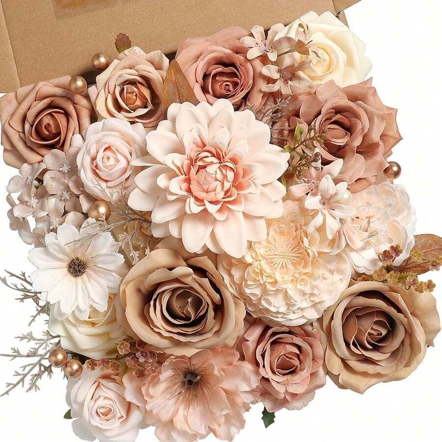 AUSOGO 32pcs Artificial Flower Champagne & Brown Combination Set, Faux Flowers & Leaves With Stems, For DIY Wedding Bouquets, Centerpieces, Shower Parties, Home Decor, Autumn, Spring Festival, Halloween, Christmas - Champagne - View 1