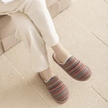 Women's Bohemian Style Fabric Striped House Slippers, Japanese Anti-Slip Warm Indoor Slippers, Autumn/Winter