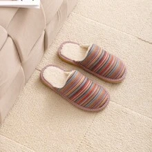 Women's Bohemian Style Fabric Striped House Slippers, Japanese Anti-Slip Warm Indoor Slippers, Autumn/Winter