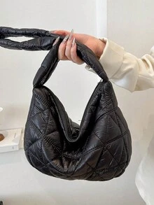 Oversized Quilted  Shoulder Tote Bag For Women, Large Capacity Rhombus Stitching Design Handbag For Outdoor/Commute - Black - View 3