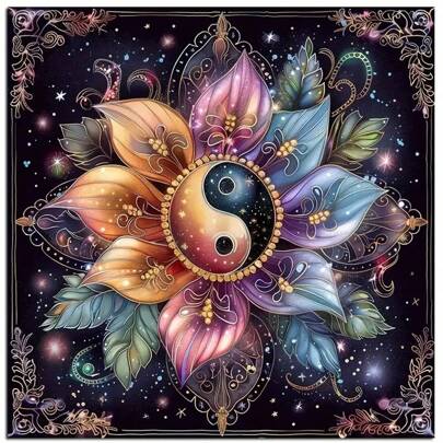 DIY 花卉太极阴阳曼陀罗钻石画套装 - 全圆形亚克力钻石、工艺品和家居装饰刺绣十字绣套装