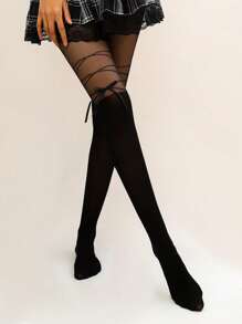 1 Pair Sexy Bowknot Garter Thigh High Stockings, Black Bandage Lolita Style Thin Stockings For Women - Black - View 1
