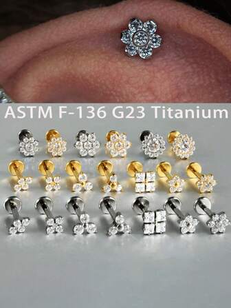 1 pièce Boucle d'oreille Cartilage Fleur Soleil Triangle Carré CZ à Vis Dos Plat en Titane 16G, Bijou de Corps, Idéal pour la Saint-Valentin, Maman, Mère, Fête des Mères