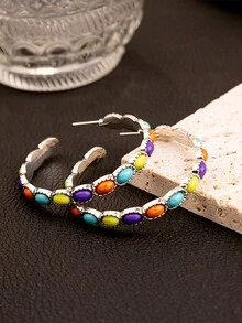 1 Cặp Hoa tai vòng tròn hình học màu ngọc lam phong cách phương Tây cổ điển dành cho nữ - màu xanh lá - Xem 7