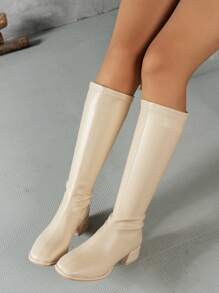 女士时尚粗跟过膝长靴，后拉链设计，简约百搭过膝骑马靴、西部靴、机车靴，黑色高跟鞋、米色高跟鞋，冬季靴、派对靴 - 米色 - 查看 4