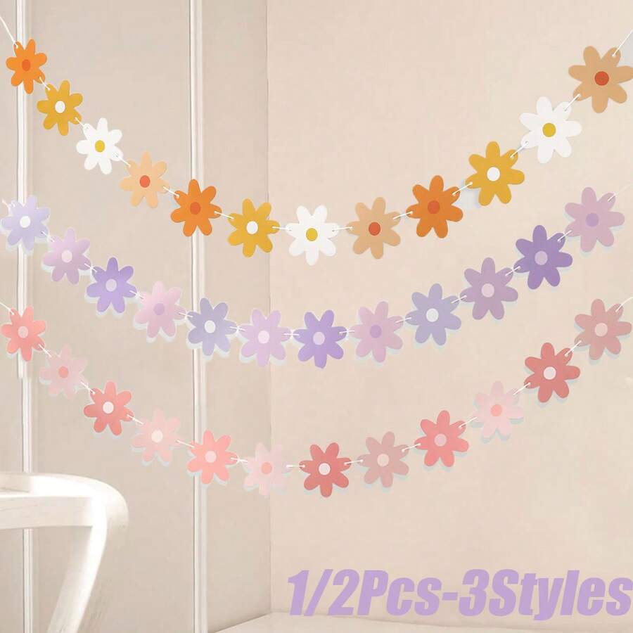 1/2Pcs Daisy Boho Banner Party Decorations, Groovy Party Favors White Daisy Decor Spring Flower Garland Daisy Paper Cutouts For Indoor Outdoor Girls Shower Birthday Party Supplies - Multicolor - View 1