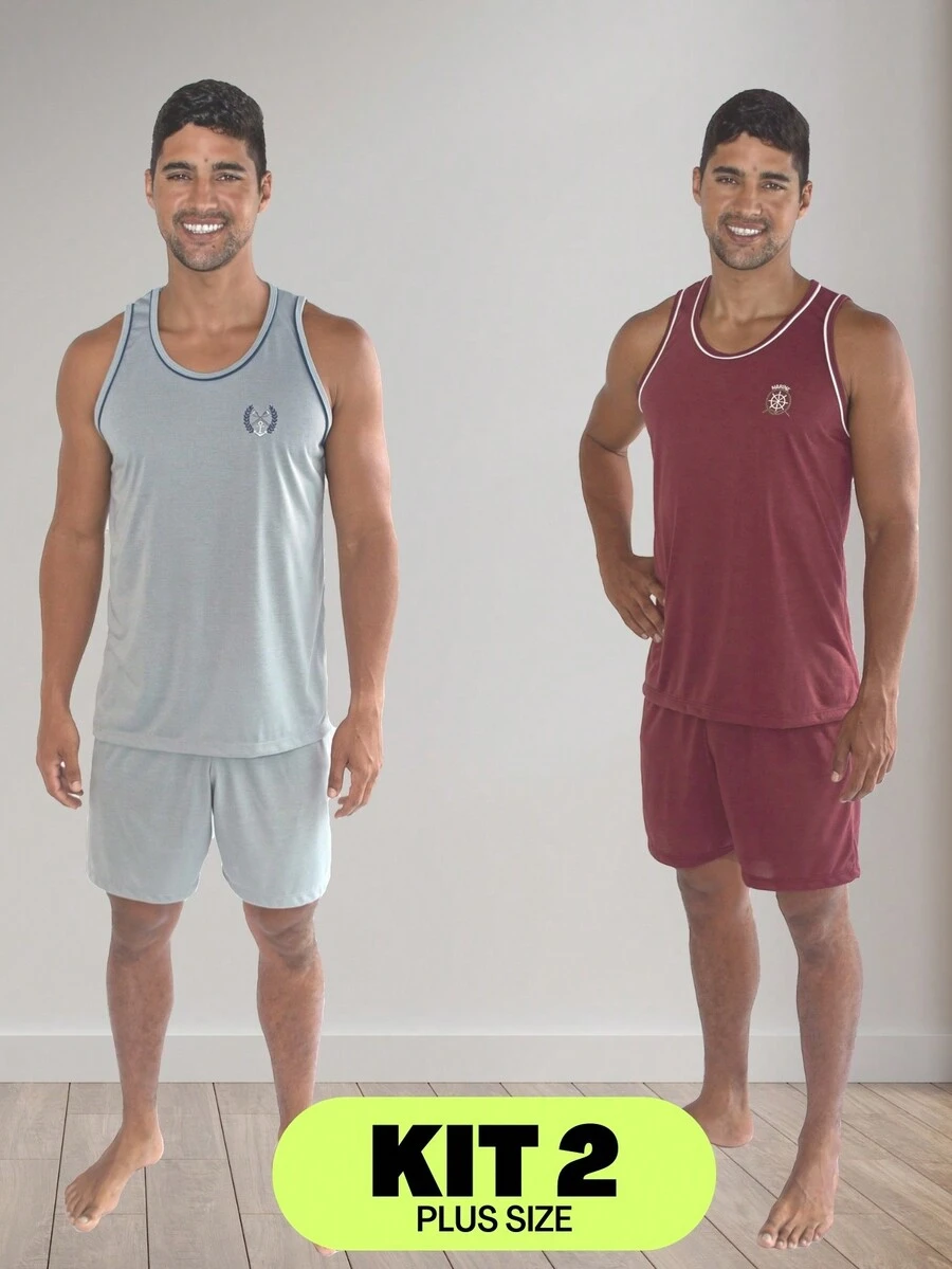 2 Piece Adult Pajama Kit Closed Men's Plus Size Tank Top - 酒紅色 - 查看 1