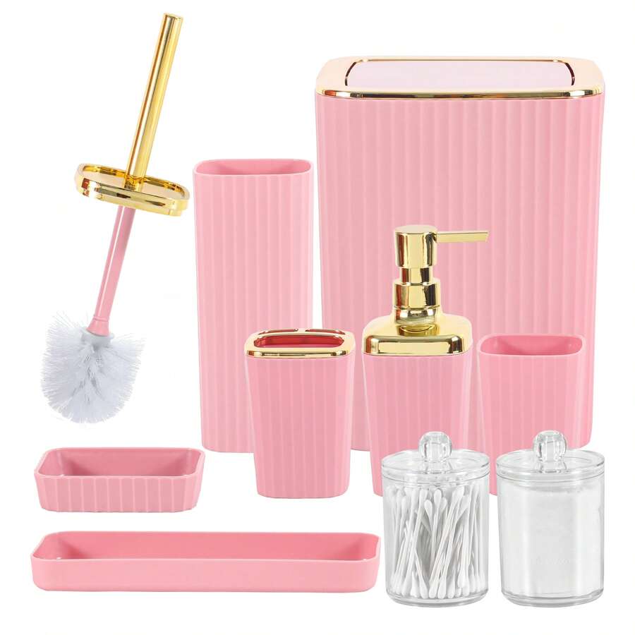 Bathroom Accessories Set, 9 Pieces Pink Bathroom Sets Complete With Toothbrush Holder, Trash Can, Lotion Soap Dispenser, Toothbrush Cup, Vanity Tray, Soap Dish, Toilet Brush, Qtip Holder For New Home Bathroom Accessories Bathroom Organizer Bathroom Decor Summer Back To School Storage