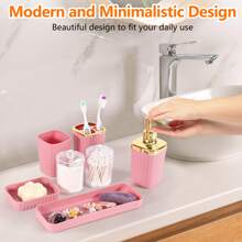Bathroom Accessories Set, 9 Pieces Pink Bathroom Sets Complete With Toothbrush Holder, Trash Can, Lotion Soap Dispenser, Toothbrush Cup, Vanity Tray, Soap Dish, Toilet Brush, Qtip Holder For New Home Bathroom Accessories Bathroom Organizer Bathroom Decor Summer Back To School Storage - Pink - View 5