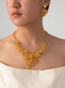 Juego de collar y pendientes de joyería chapada en oro de 24 quilates, estilo Dubai, 2 piezas/set