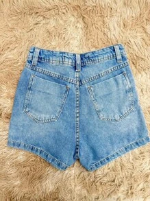 BASIC WOMEN'S HIGH WAIST JEANS SHORTS FASHION - 中等水洗藍 - 查看 2
