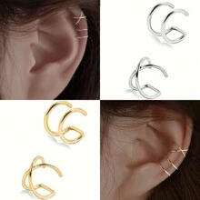 4/8/9pcs Simple Crisscross Double Line Clip-On Earrings, Adjustable Non-Piercing Minimalist Fake Spiral Ear Cuff Cartilage Earrings, Elegant Jewelry Gift - Steel+Gold - View 16