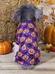 1 pieza Mono de pijama con estampado de calabaza, murciélago y esqueleto de 4 patas, adecuado para que los gatos y perros lo usen en interiores y exteriores