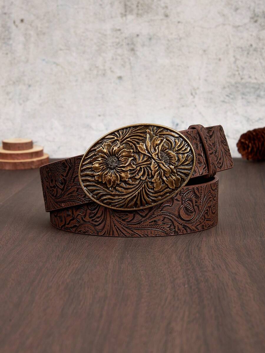 1 chiếc thắt lưng nữ họa tiết hoa mới màu nâu cà phê bằng PU (Polyurethane) cổ điển, thích hợp sử dụng hàng ngày với váy, áo khoác, quần jean, v.v., thời trang phong cách phương Tây Halloween - Cà phê nâu - Xem 1