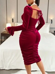AIJ Amarilo Women's Sexy Solid Velvet Sweetheart Neck Backless Side Ruched Bodycon Dress Elegant Spring - Burgundy - View 2