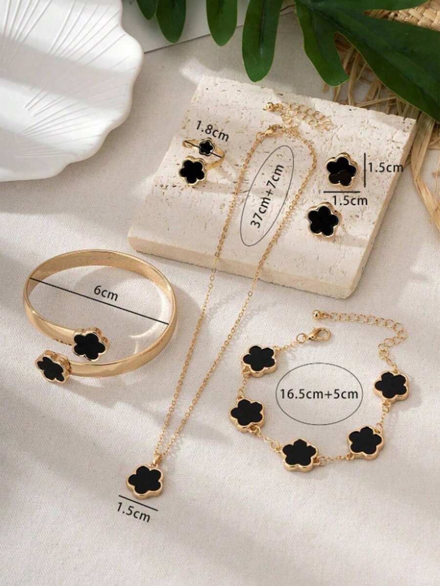 6pcs Clover Flower Fashion Matching Earrings, Necklace, Bracelet, Ring