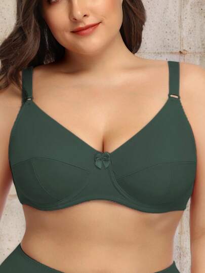 Plus Size Women Green Stretchable Thin Wire Lingerie Bra, Simple Daily Underwear