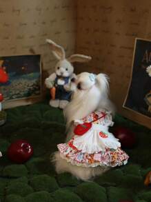 1pc Handmade Pet Dress, Strawberry Skirt & Backpack - Comfortable Fabric - Red and White - View 5